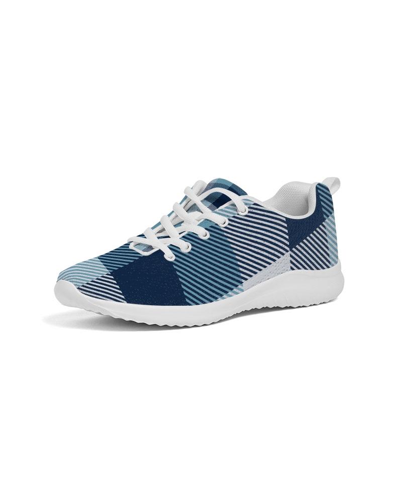 Men's low top canvas running shoes in blue plaid design, featuring a lace-up front, padded collar, and breathable lining for comfort.