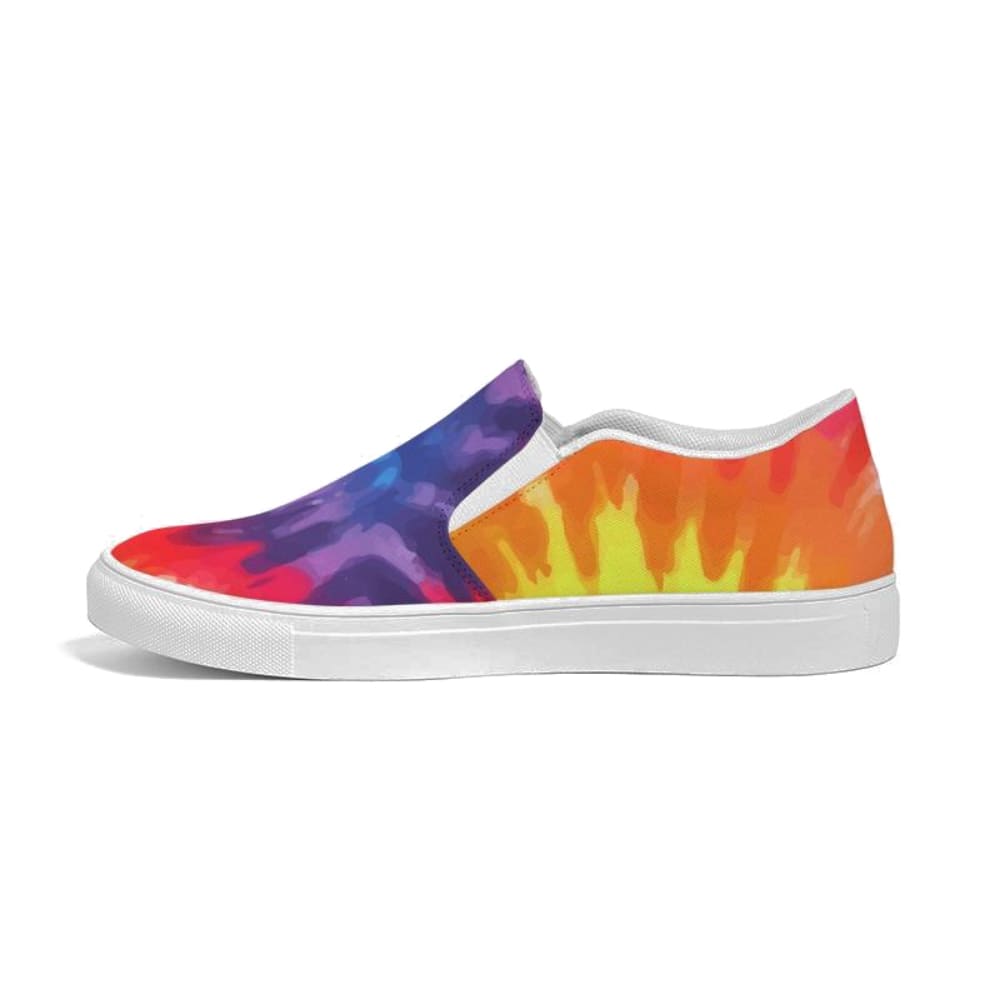 Men's low top sneakers featuring a vibrant rainbow tie-dye print, designed for comfort and style with slip-on ease.