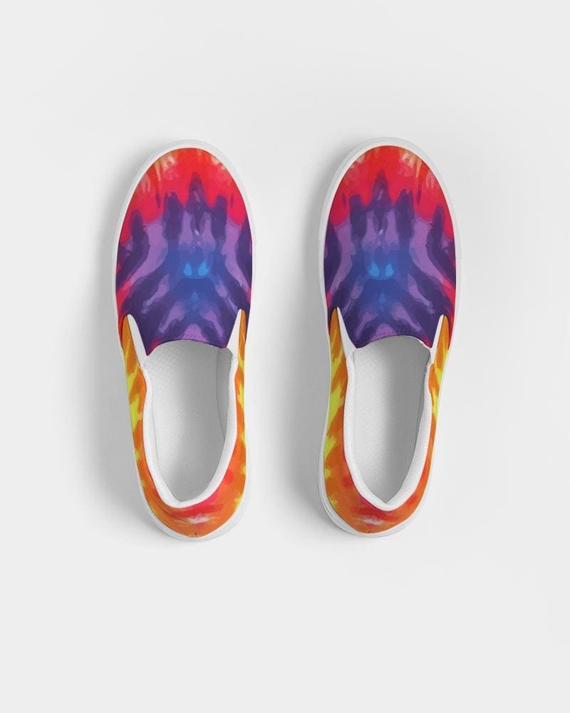 Men's low top sneakers featuring a vibrant rainbow tie-dye print, designed for comfort and style with slip-on ease.