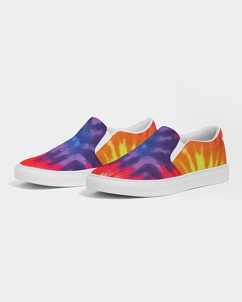 Men's low top sneakers featuring a vibrant rainbow tie-dye print, designed for comfort and style with slip-on ease.