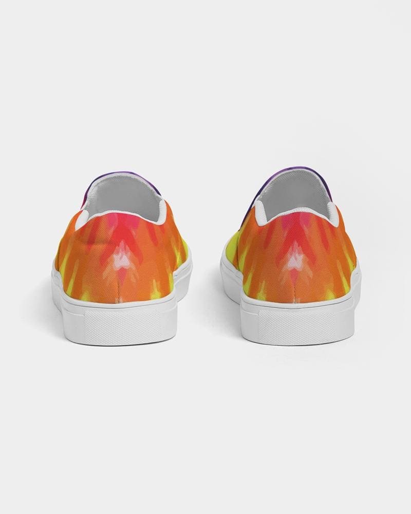 Men's low top sneakers featuring a vibrant rainbow tie-dye print, designed for comfort and style with slip-on ease.