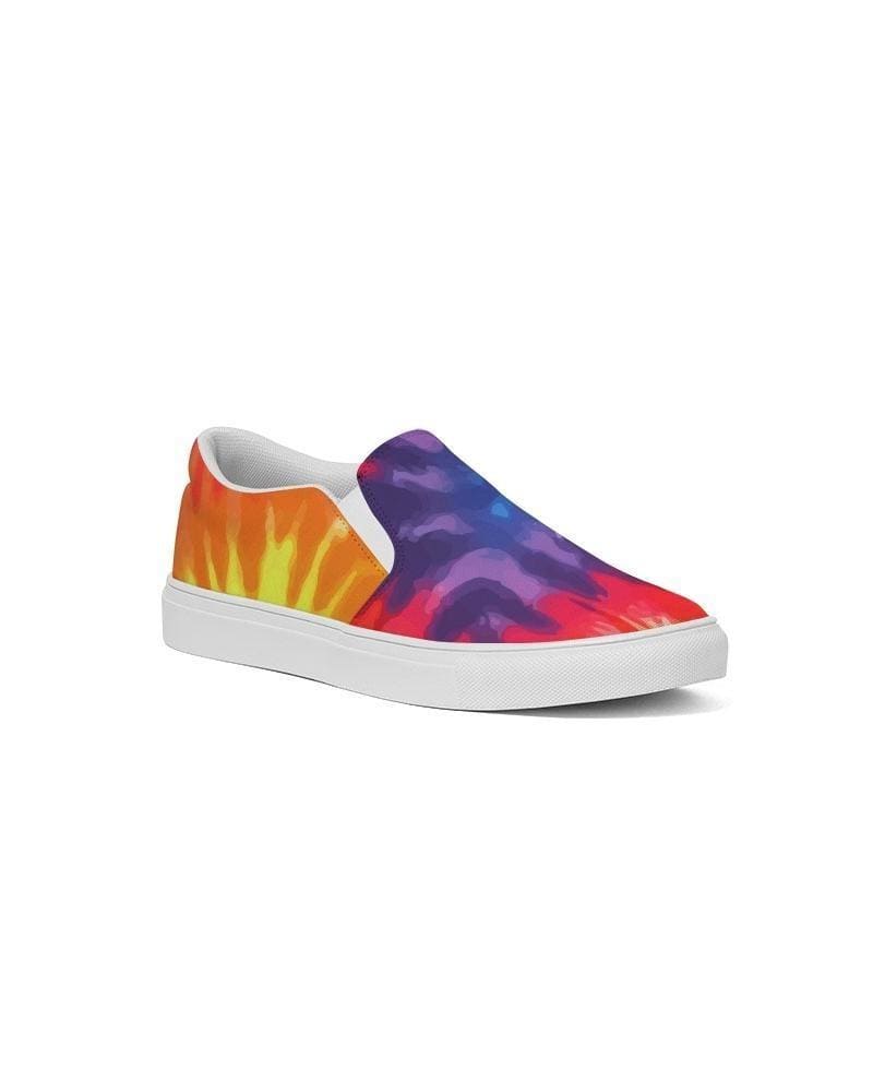 Men's low top sneakers featuring a vibrant rainbow tie-dye print, designed for comfort and style with slip-on ease.