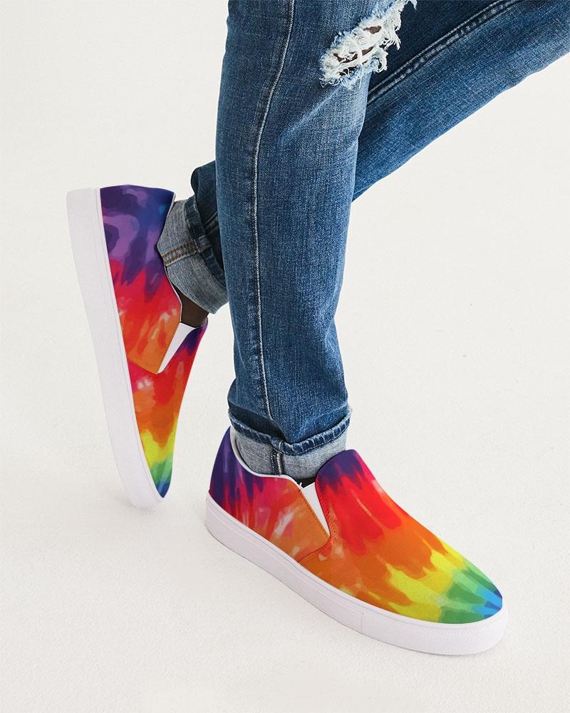 Men's multicolor tie-dye low top canvas slip-on sports shoes with elastic side accents and padded collar, perfect for casual wear.