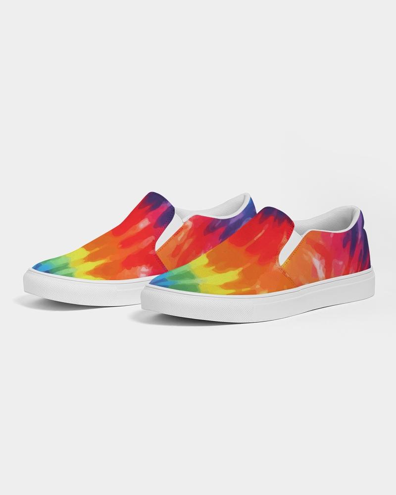 Men's multicolor tie-dye low top canvas slip-on sports shoes with elastic side accents and padded collar, perfect for casual wear.