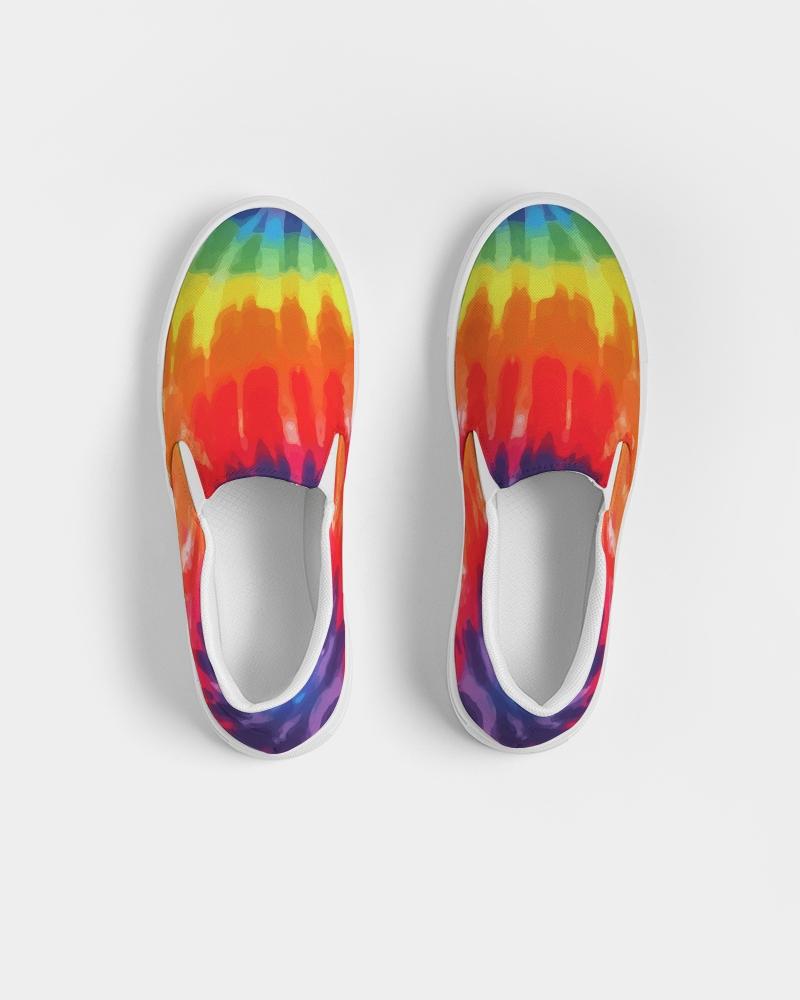 Men's multicolor tie-dye low top canvas slip-on sports shoes with elastic side accents and padded collar, perfect for casual wear.