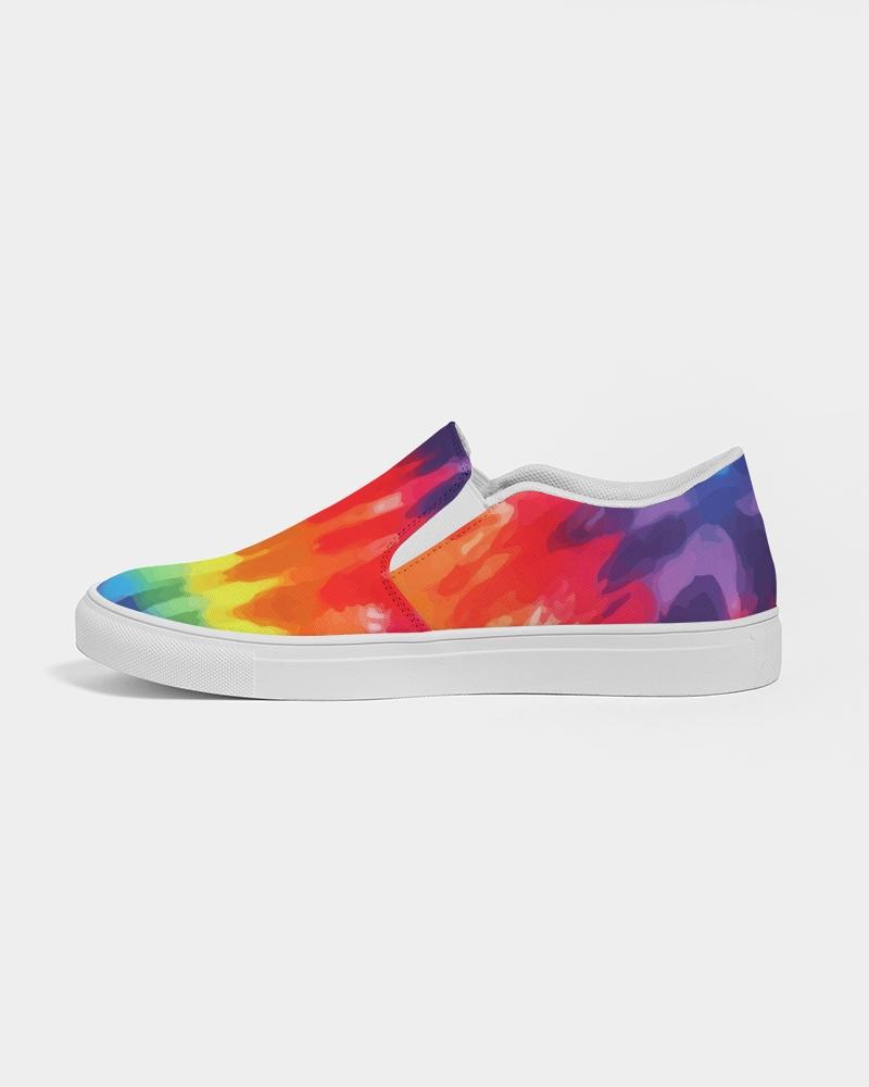 Men's multicolor tie-dye low top canvas slip-on sports shoes with elastic side accents and padded collar, perfect for casual wear.