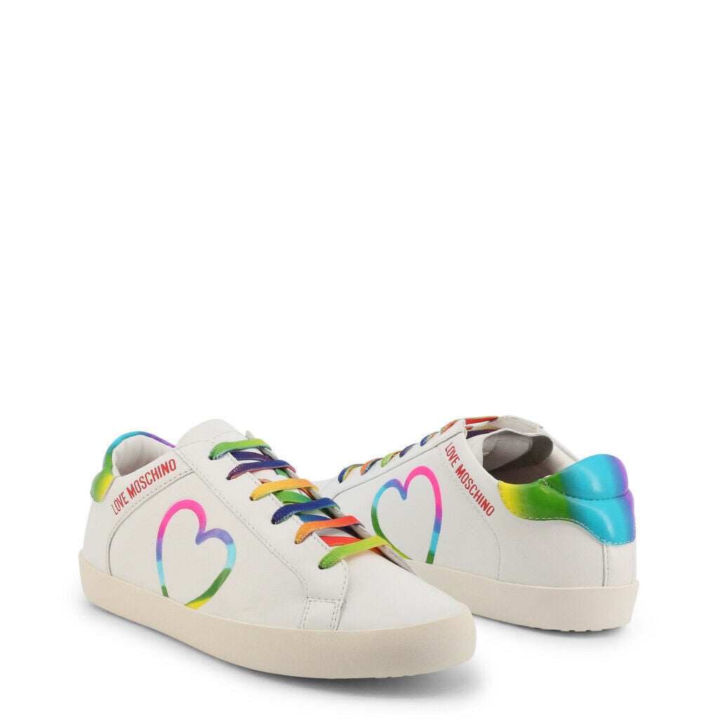 Colorful Love Moschino Rainbow Heart Sneakers with vibrant laces and logo design, perfect for stylish comfort.