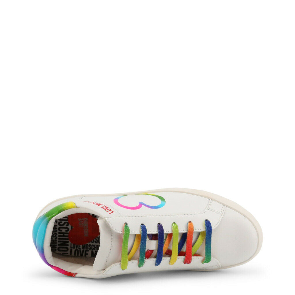 Colorful Love Moschino Rainbow Heart Sneakers with vibrant laces and logo design, perfect for stylish comfort.