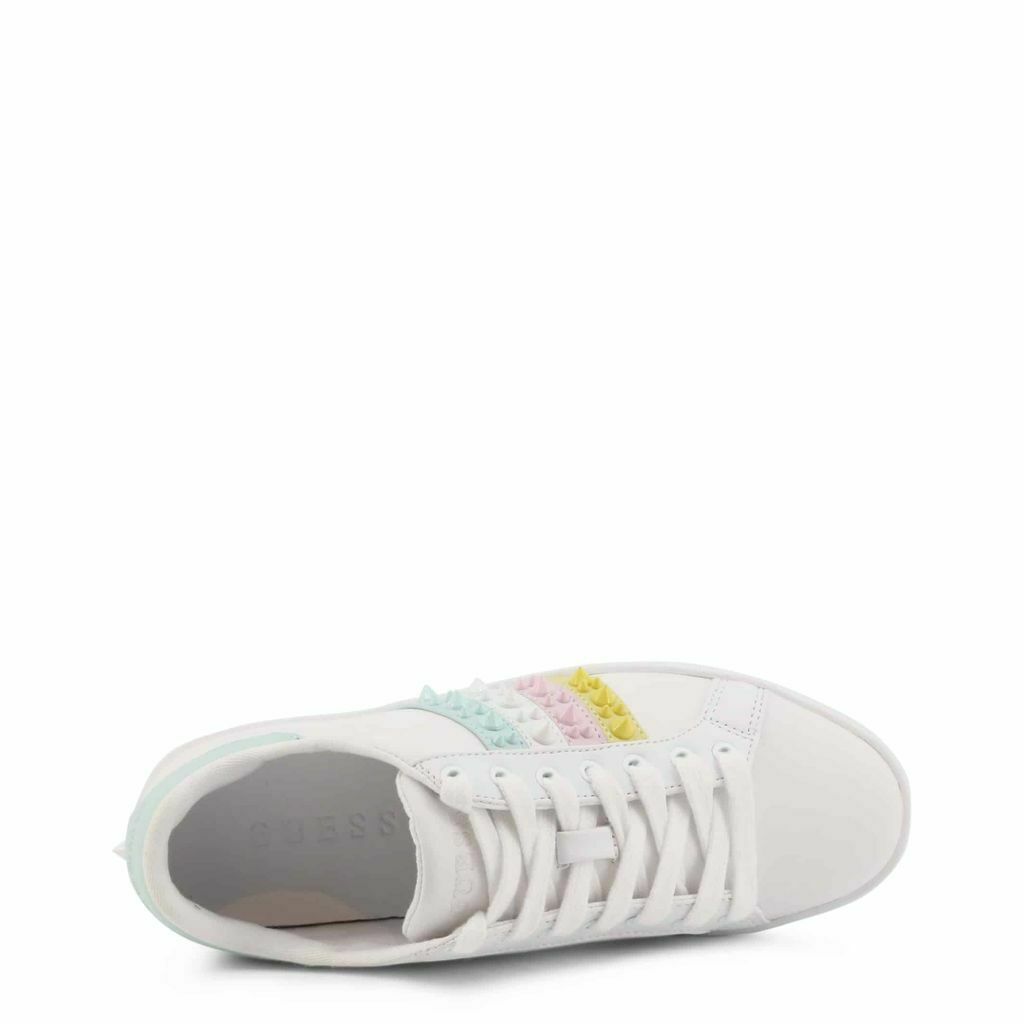 Rainbow Stud Sneakers featuring colorful studs on a white leather background with a rubber sole.