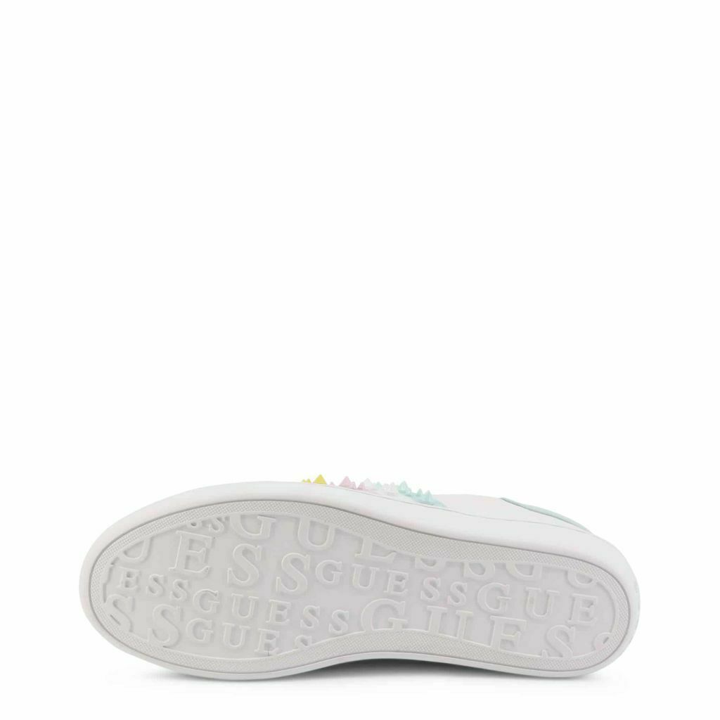 Rainbow Stud Sneakers featuring colorful studs on a white leather background with a rubber sole.