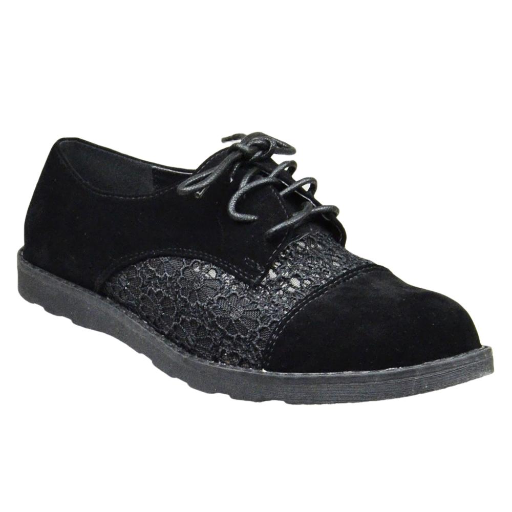 SOBEYO Women's Black Lace Up Oxford Flats featuring embroidered flower design, faux suede material, and low heel.