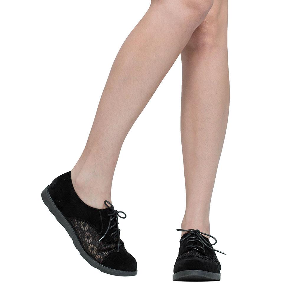 SOBEYO Women's Black Lace Up Oxford Flats featuring embroidered flower design, faux suede material, and low heel.