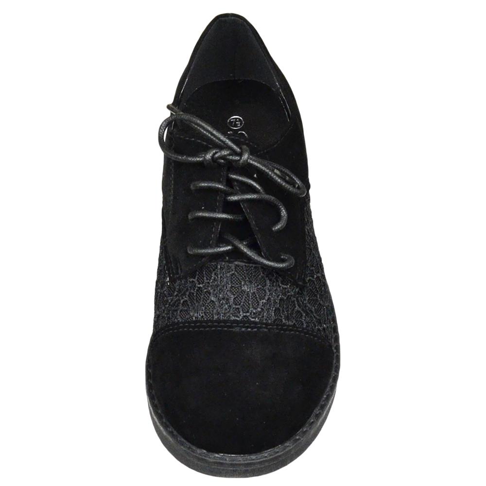 SOBEYO Women's Black Lace Up Oxford Flats featuring embroidered flower design, faux suede material, and low heel.