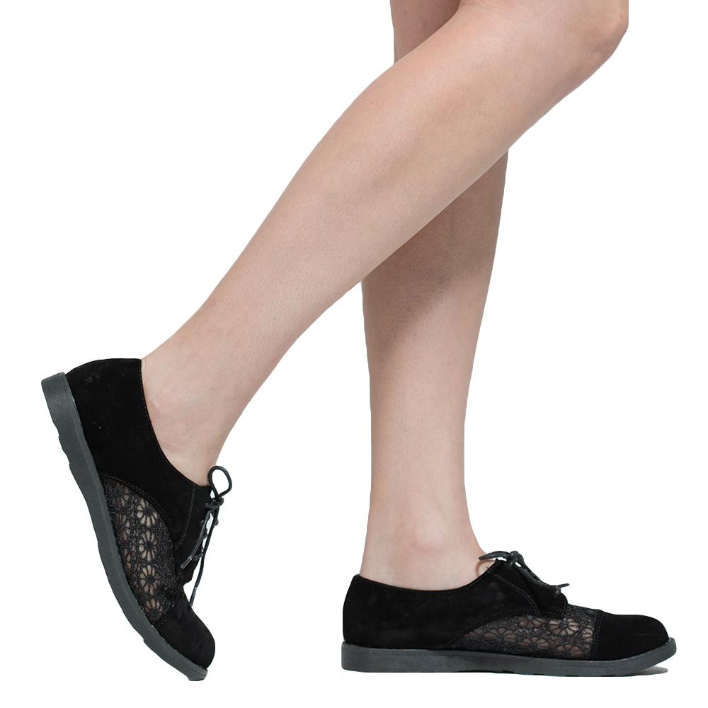 SOBEYO Women's Black Lace Up Oxford Flats featuring embroidered flower design, faux suede material, and low heel.