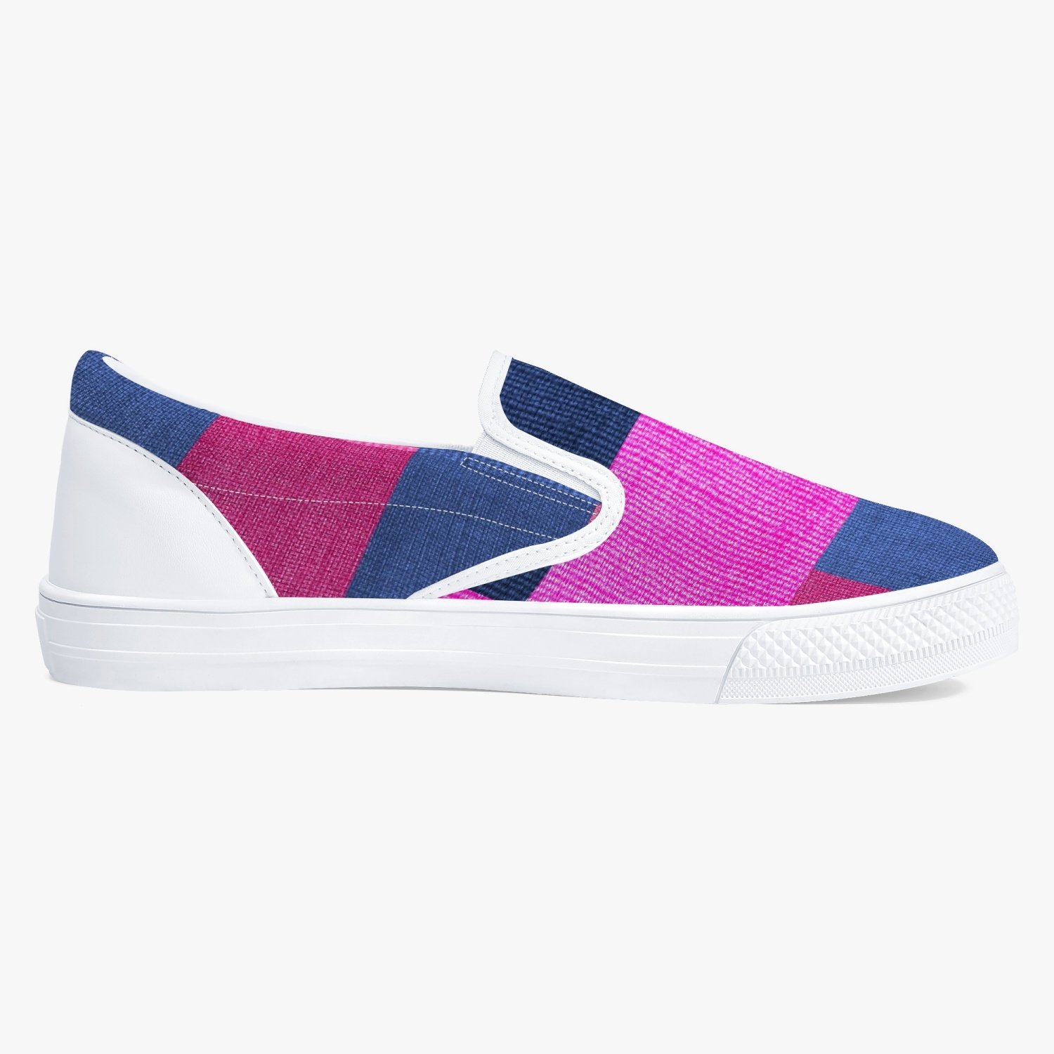 A pair of stylish white low-top slip-on canvas sports shoes designed for women, showcasing a sleek and modern athletic look.