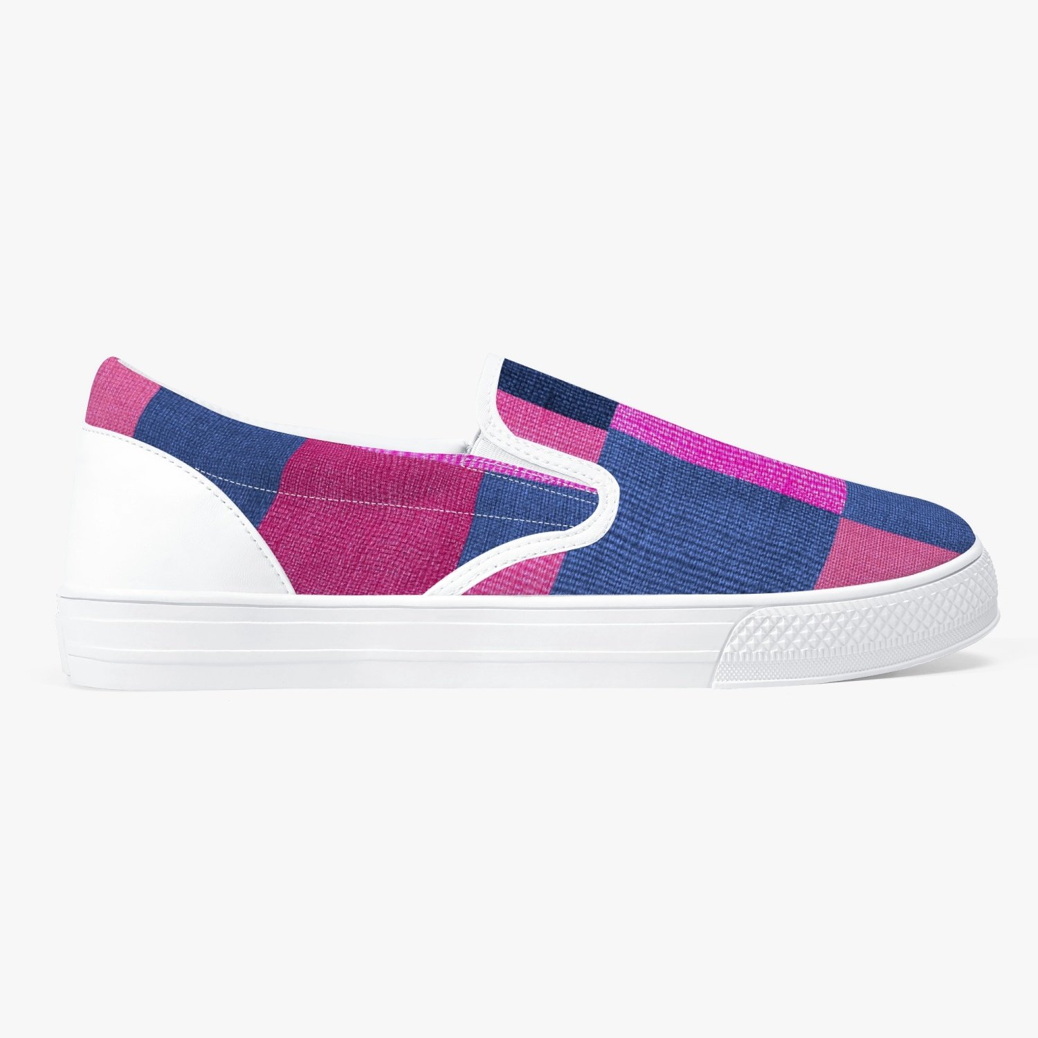 A pair of stylish white low-top slip-on canvas sports shoes designed for women, showcasing a sleek and modern athletic look.