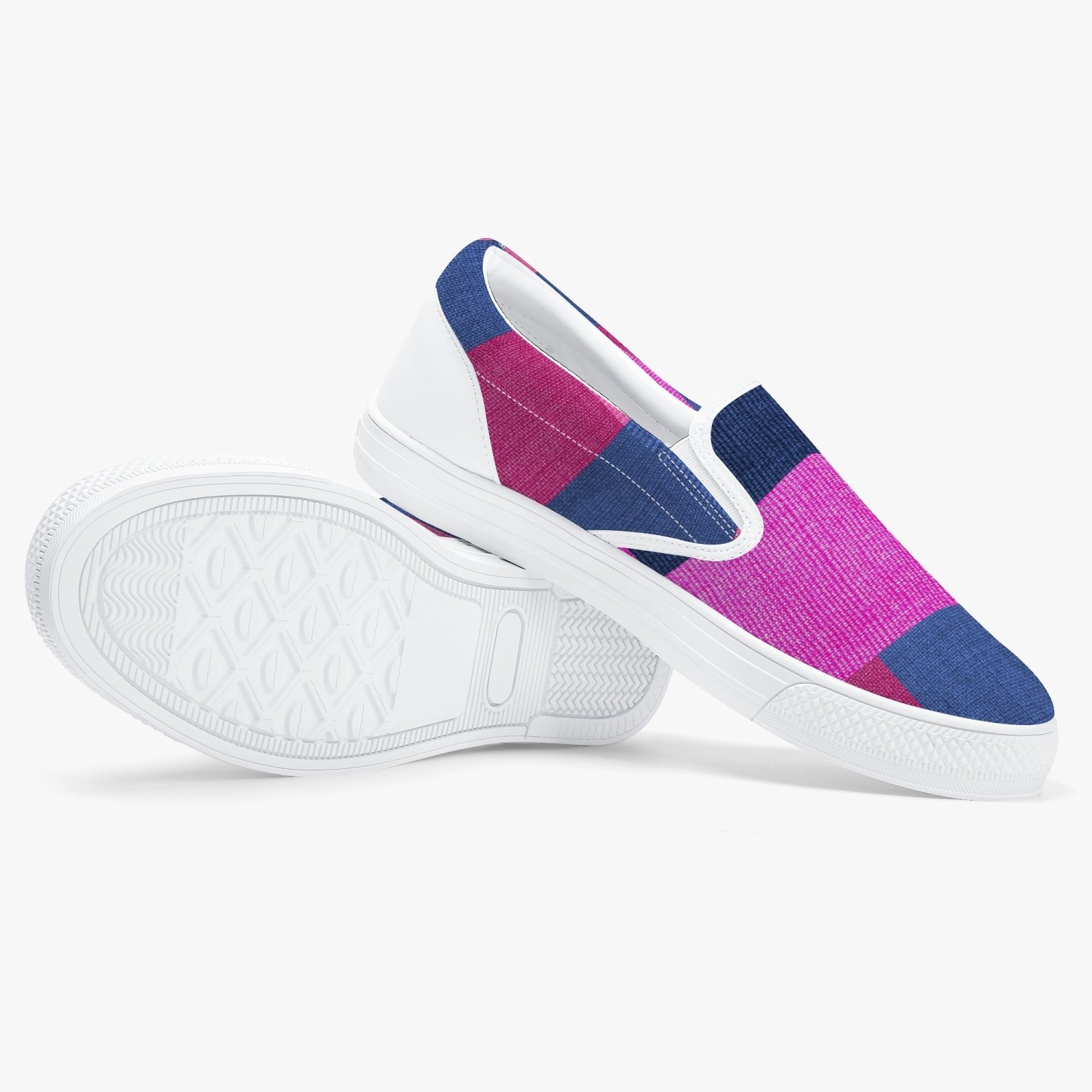 A pair of stylish white low-top slip-on canvas sports shoes designed for women, showcasing a sleek and modern athletic look.