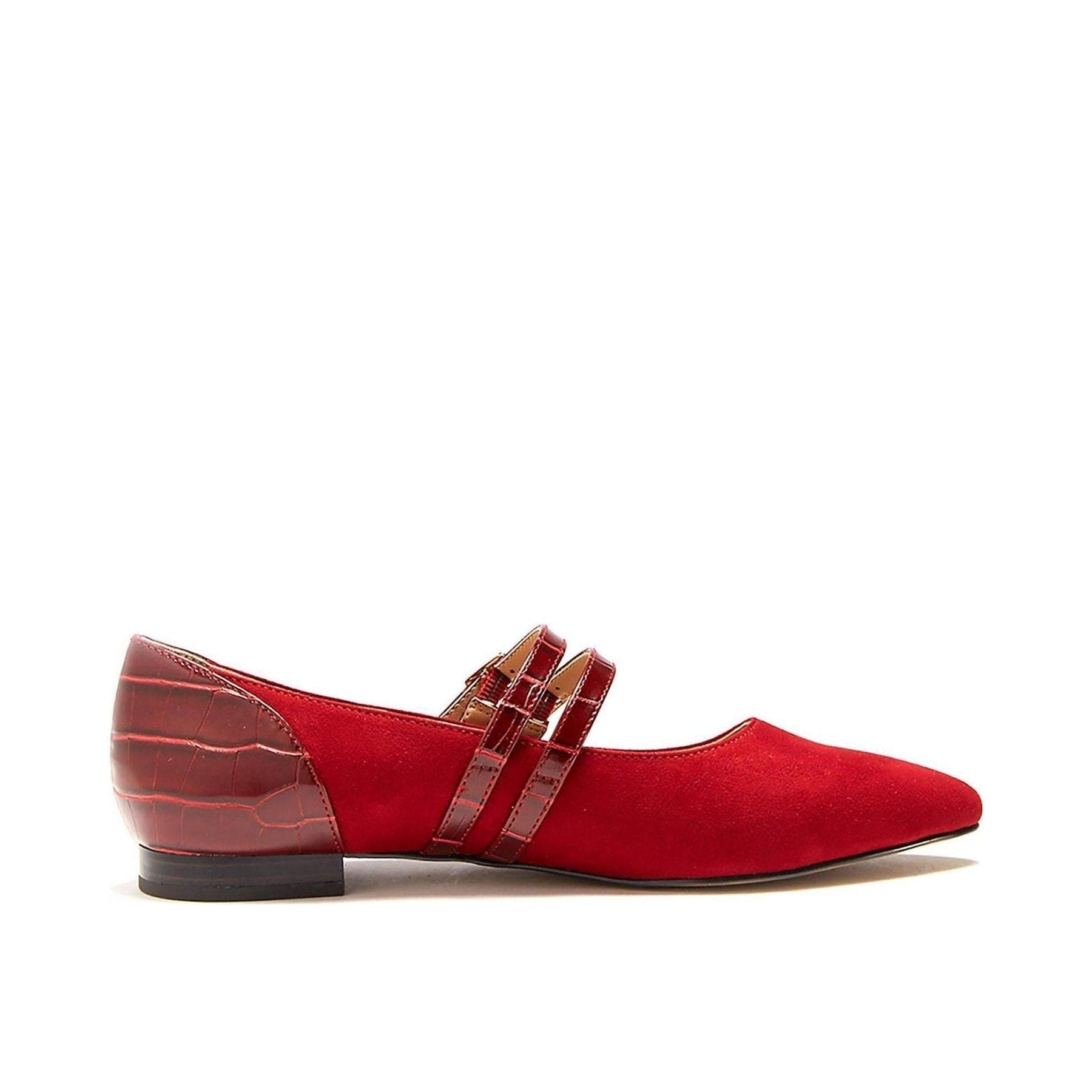 A pair of stylish Women's Sahara Red Flat Shoes featuring strappy details and a pointed toe, perfect for casual and formal occasions.