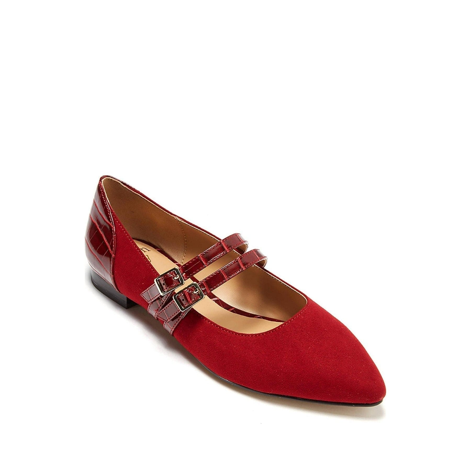 A pair of stylish Women's Sahara Red Flat Shoes featuring strappy details and a pointed toe, perfect for casual and formal occasions.