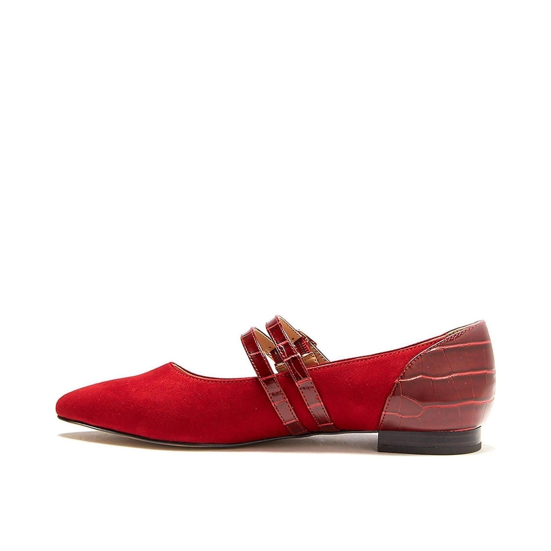 A pair of stylish Women's Sahara Red Flat Shoes featuring strappy details and a pointed toe, perfect for casual and formal occasions.