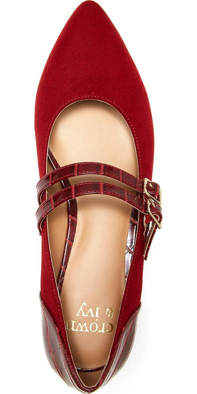 A pair of stylish Women's Sahara Red Flat Shoes featuring strappy details and a pointed toe, perfect for casual and formal occasions.