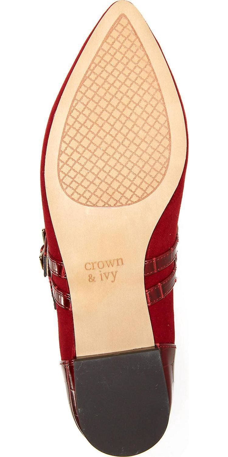 A pair of stylish Women's Sahara Red Flat Shoes featuring strappy details and a pointed toe, perfect for casual and formal occasions.