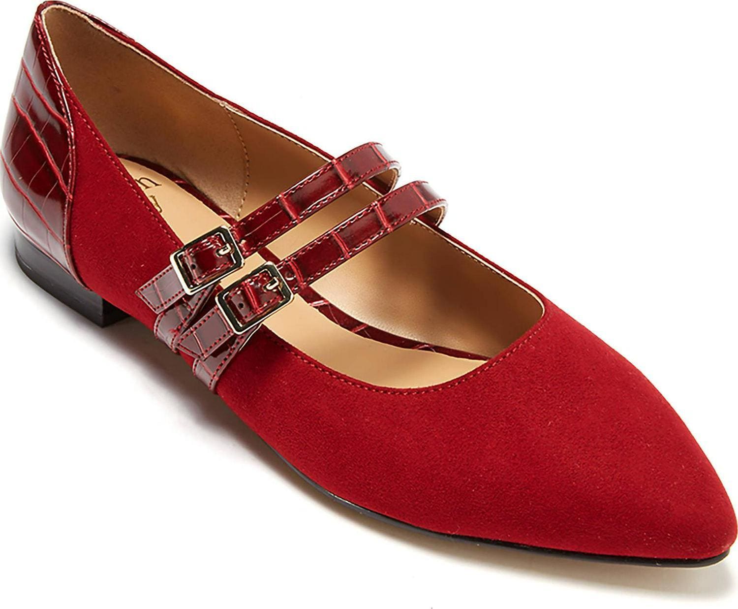 A pair of stylish Women's Sahara Red Flat Shoes featuring strappy details and a pointed toe, perfect for casual and formal occasions.