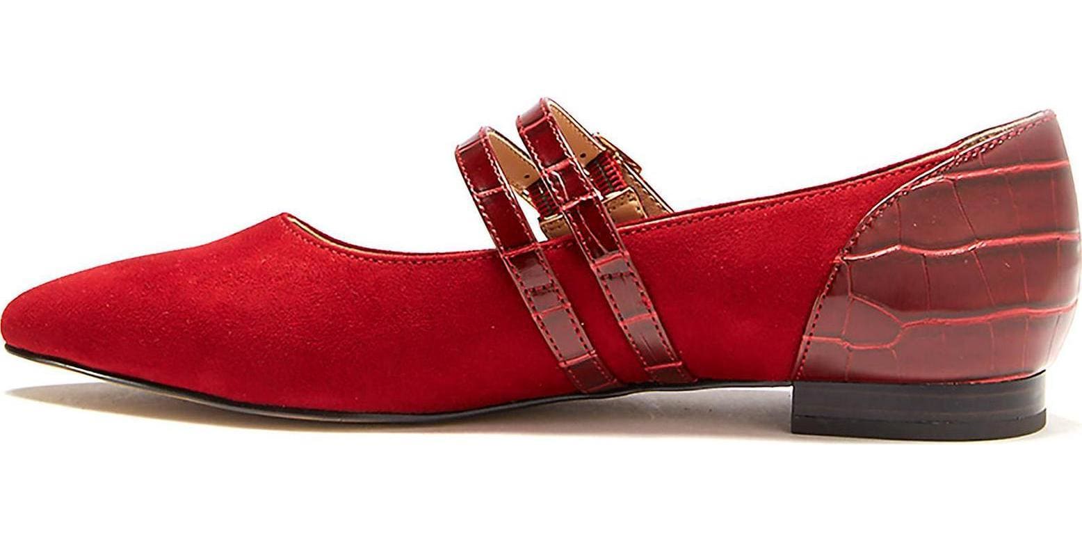 A pair of stylish Women's Sahara Red Flat Shoes featuring strappy details and a pointed toe, perfect for casual and formal occasions.