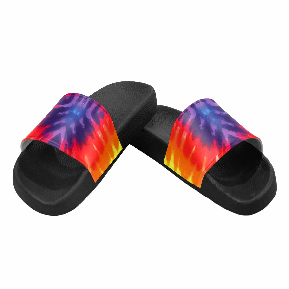 Colorful Women's Slide Sandals featuring a Peace & Love tie-dye design, perfect for casual wear.