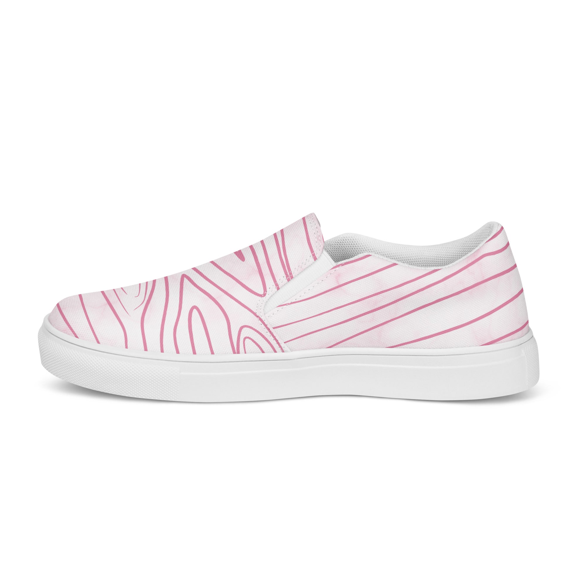 Women’s slip-on canvas shoes featuring a pink line art sketch print, designed for comfort and style.