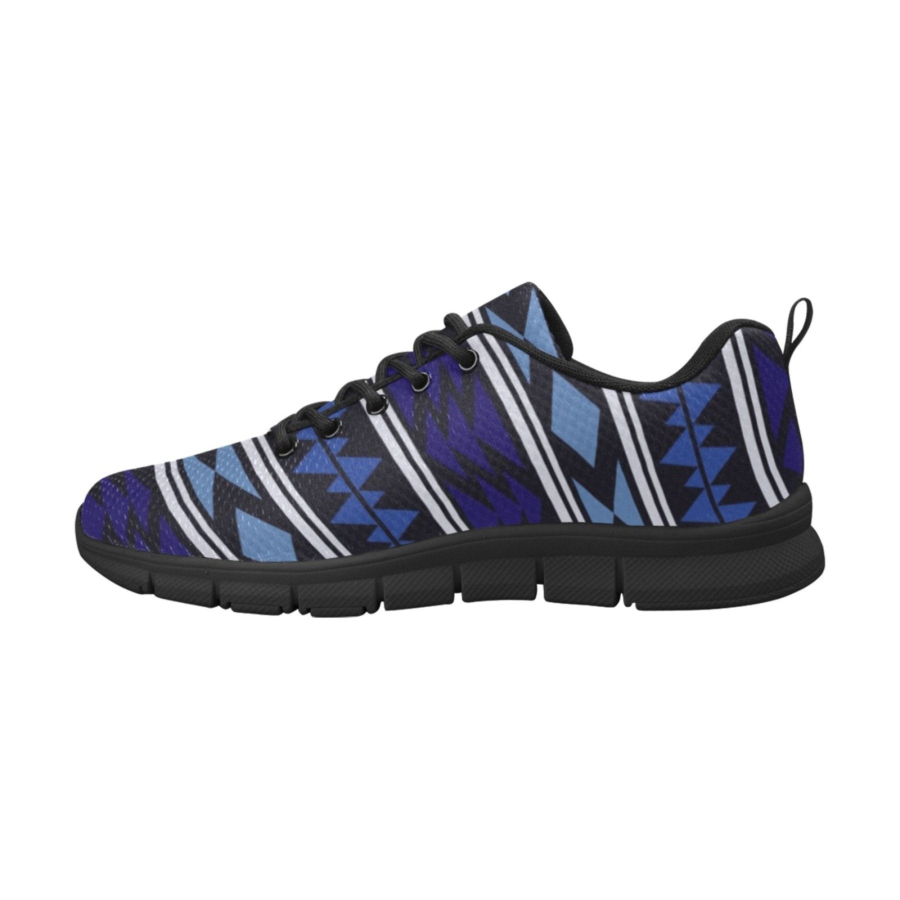 A pair of women's sneakers featuring a vibrant blue Aztec print, designed for running and athletic activities, showcasing a breathable mesh upper and non-slip sole.