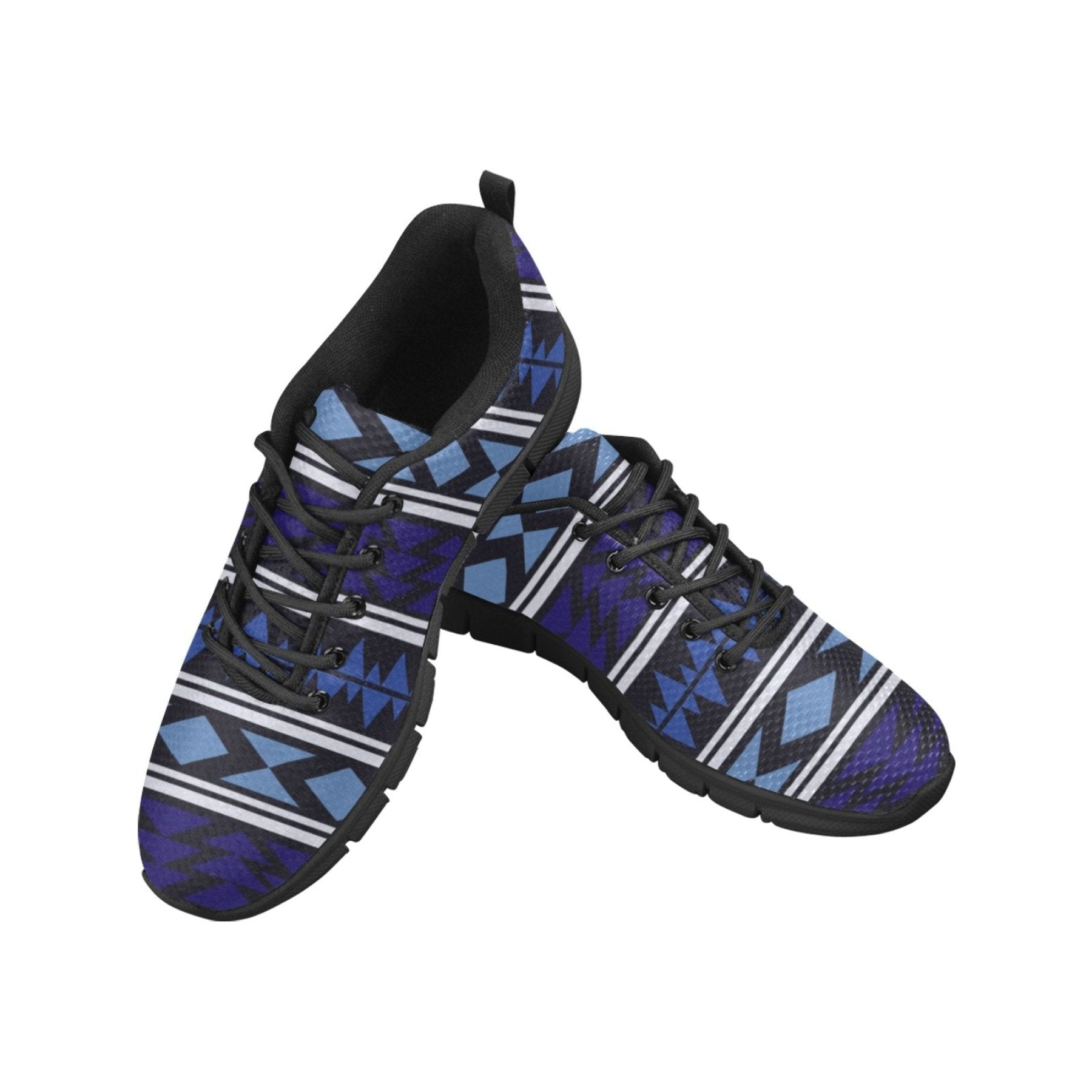 A pair of women's sneakers featuring a vibrant blue Aztec print, designed for running and athletic activities, showcasing a breathable mesh upper and non-slip sole.