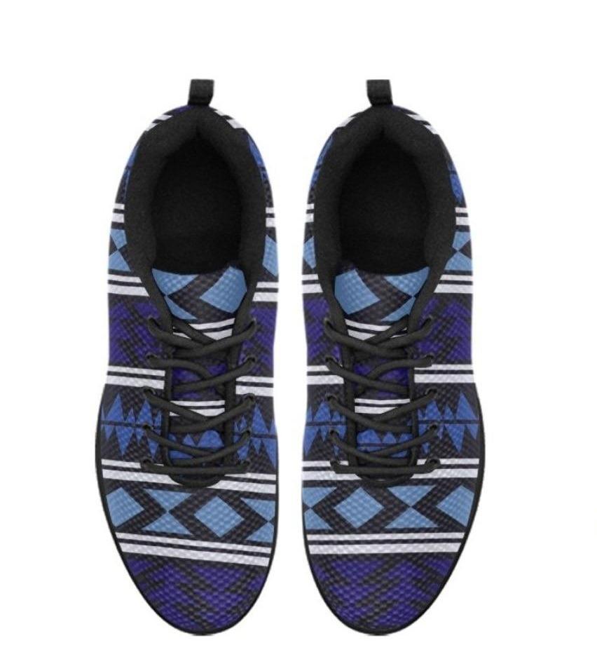 A pair of women's sneakers featuring a vibrant blue Aztec print, designed for running and athletic activities, showcasing a breathable mesh upper and non-slip sole.