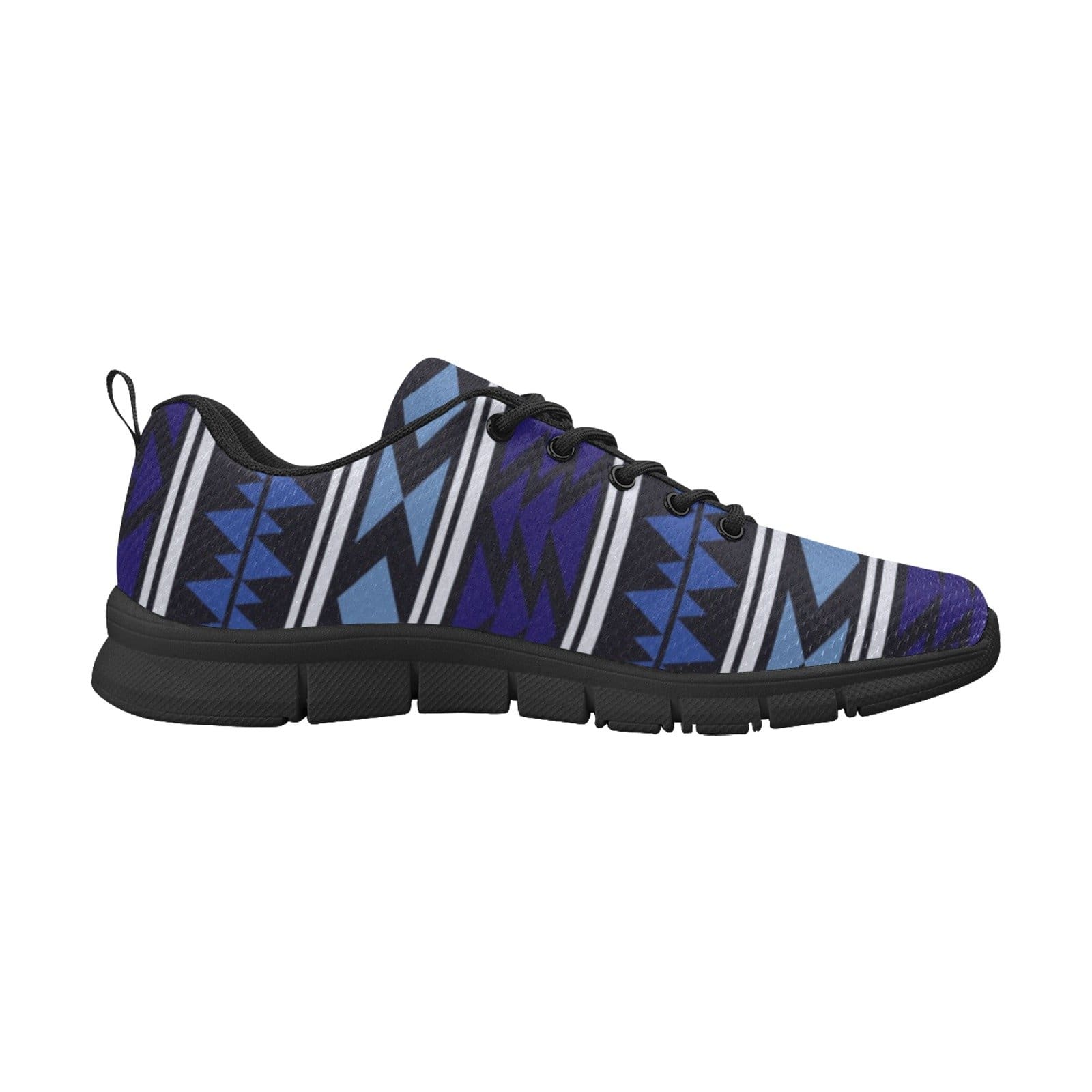 A pair of women's sneakers featuring a vibrant blue Aztec print, designed for running and athletic activities, showcasing a breathable mesh upper and non-slip sole.