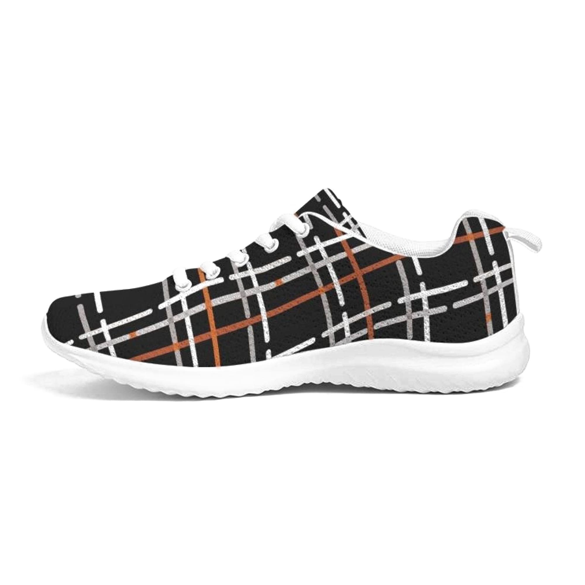 Women's canvas running shoes in black plaid print with lace-up front, breathable lining, and padded collar.