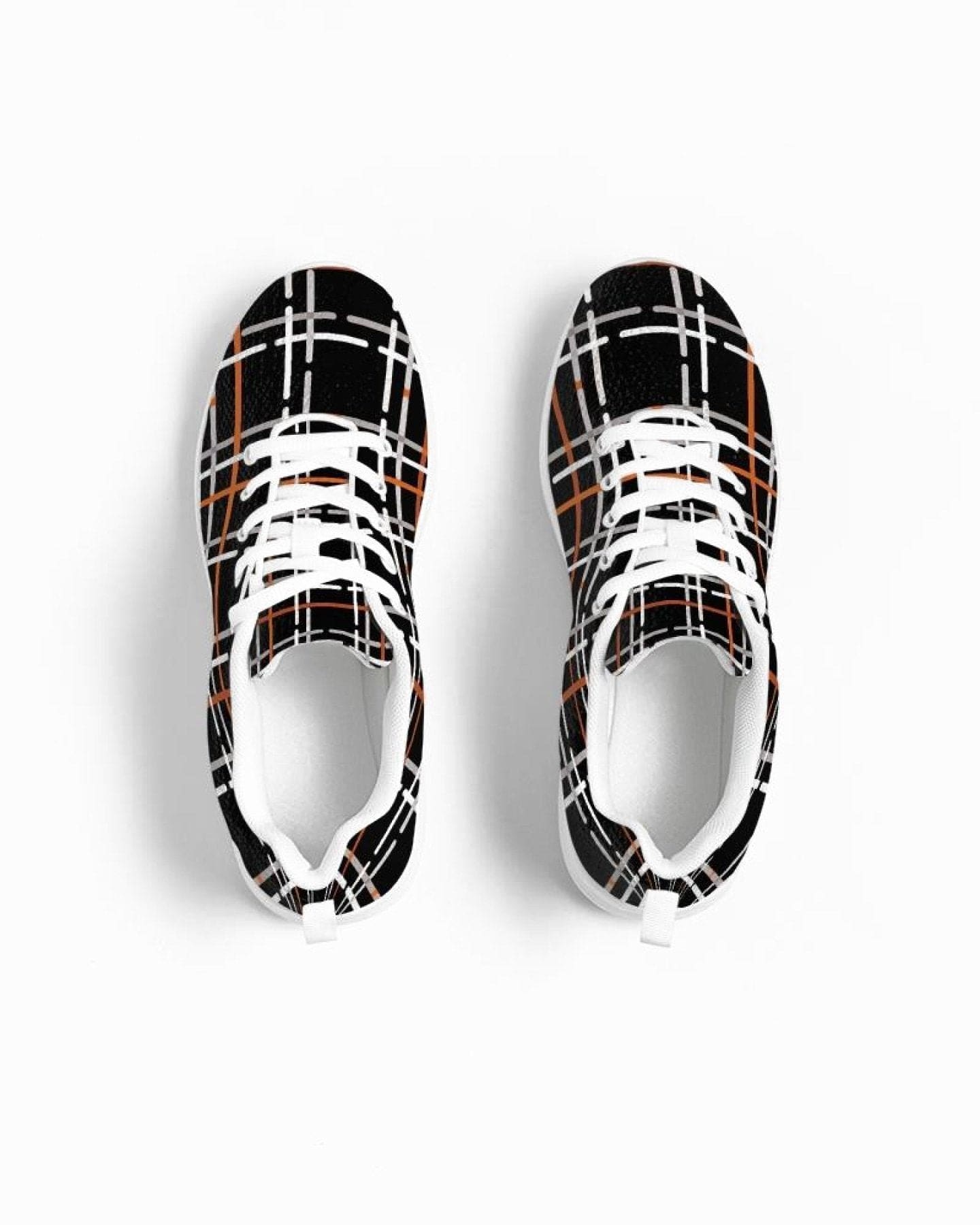 Women's canvas running shoes in black plaid print with lace-up front, breathable lining, and padded collar.