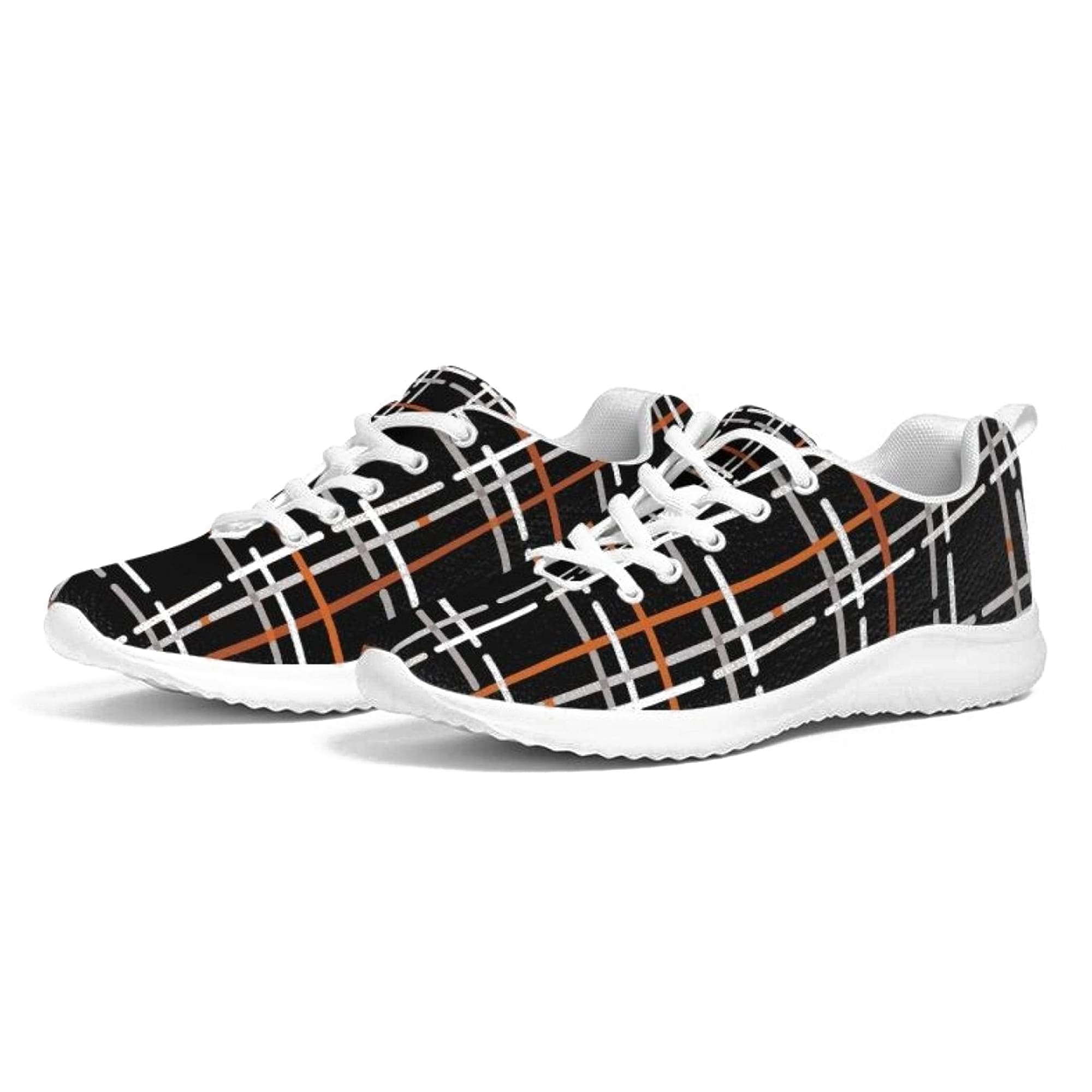 Women's canvas running shoes in black plaid print with lace-up front, breathable lining, and padded collar.