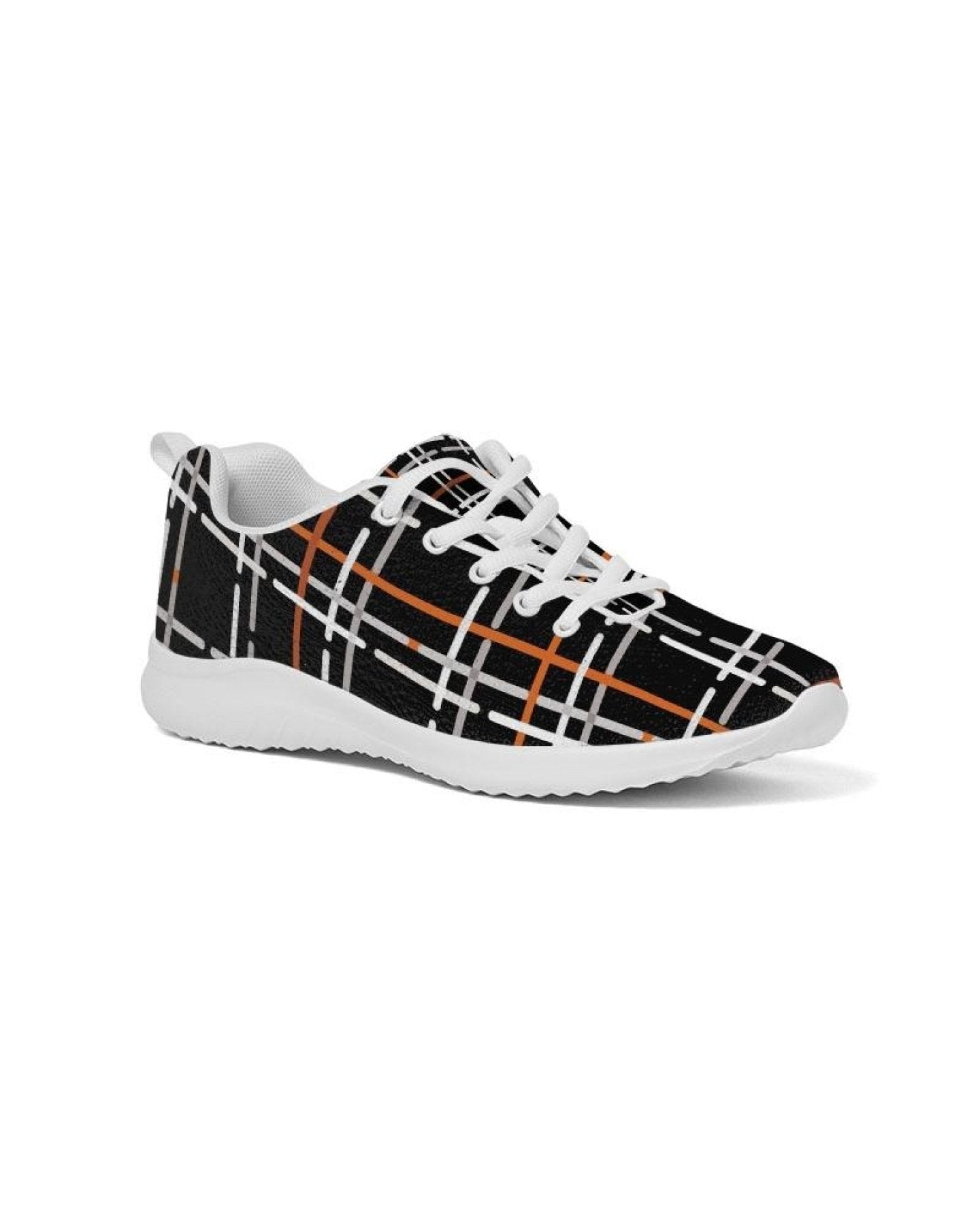 Women's canvas running shoes in black plaid print with lace-up front, breathable lining, and padded collar.