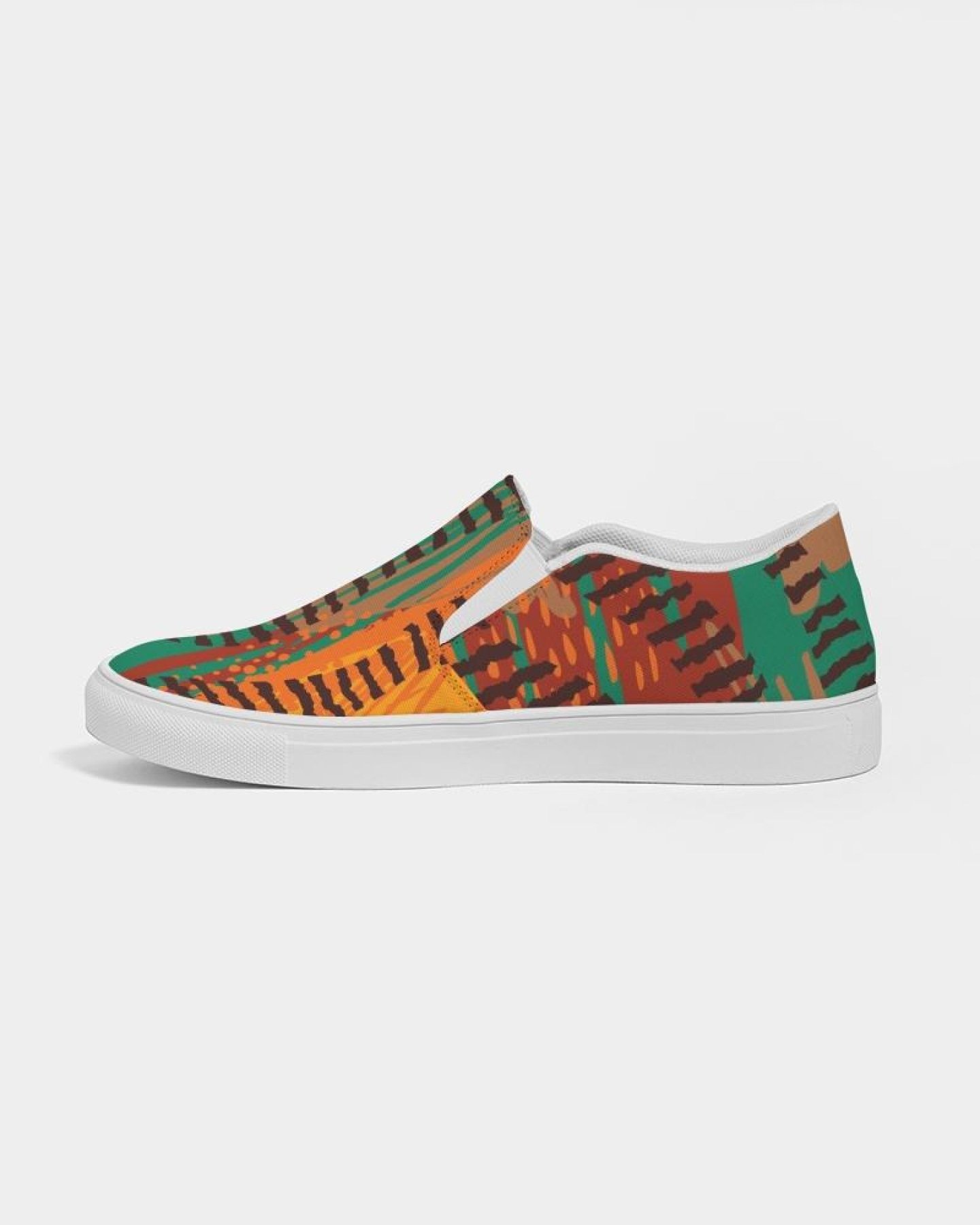 Women's canvas slip-on sneakers featuring a stylish brown and green print, designed for comfort and versatility.