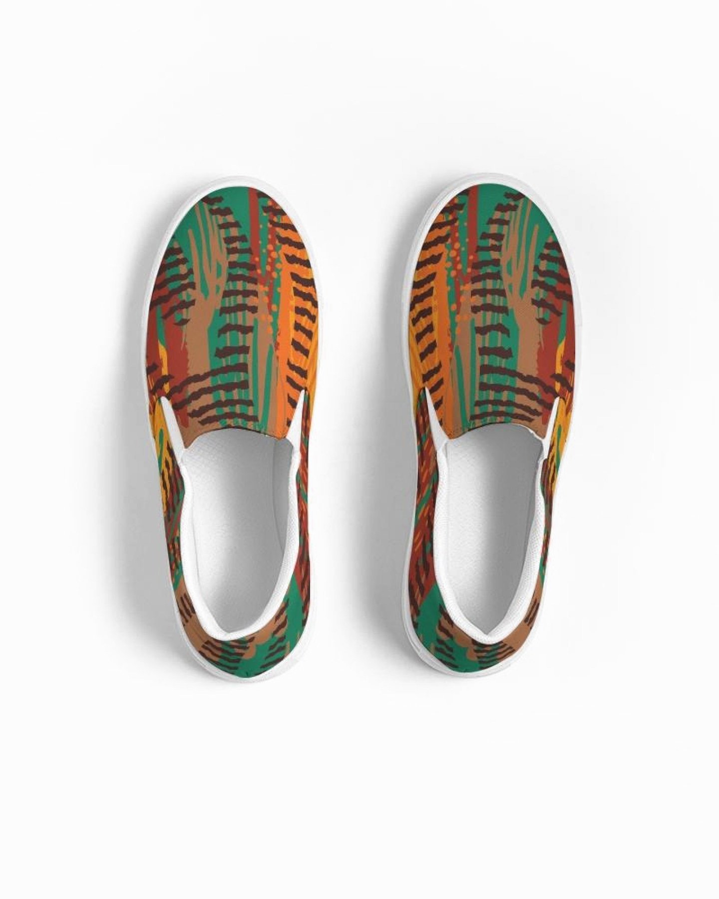 Women's canvas slip-on sneakers featuring a stylish brown and green print, designed for comfort and versatility.