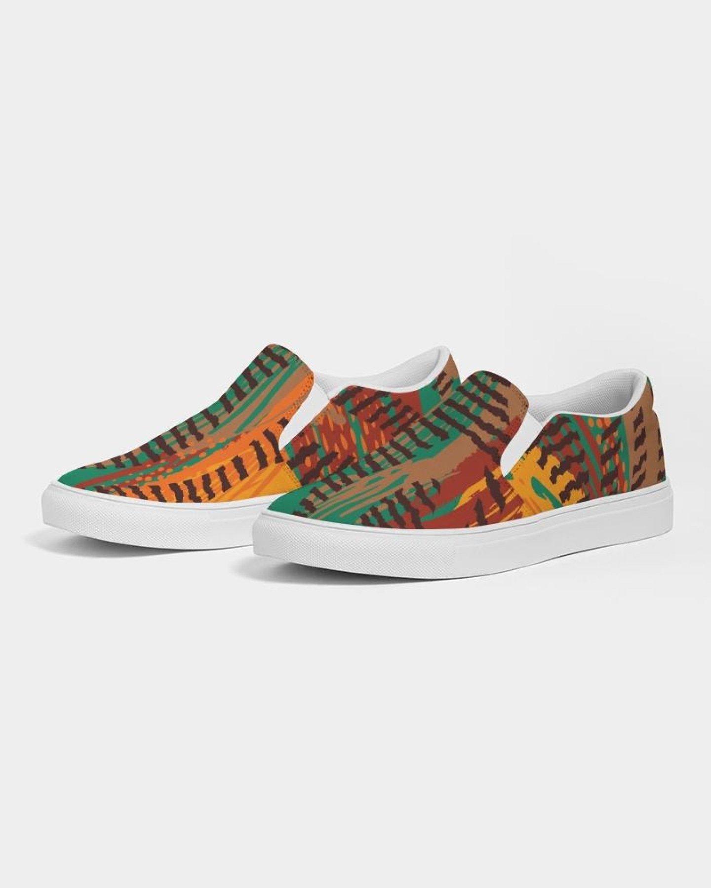 Women's canvas slip-on sneakers featuring a stylish brown and green print, designed for comfort and versatility.