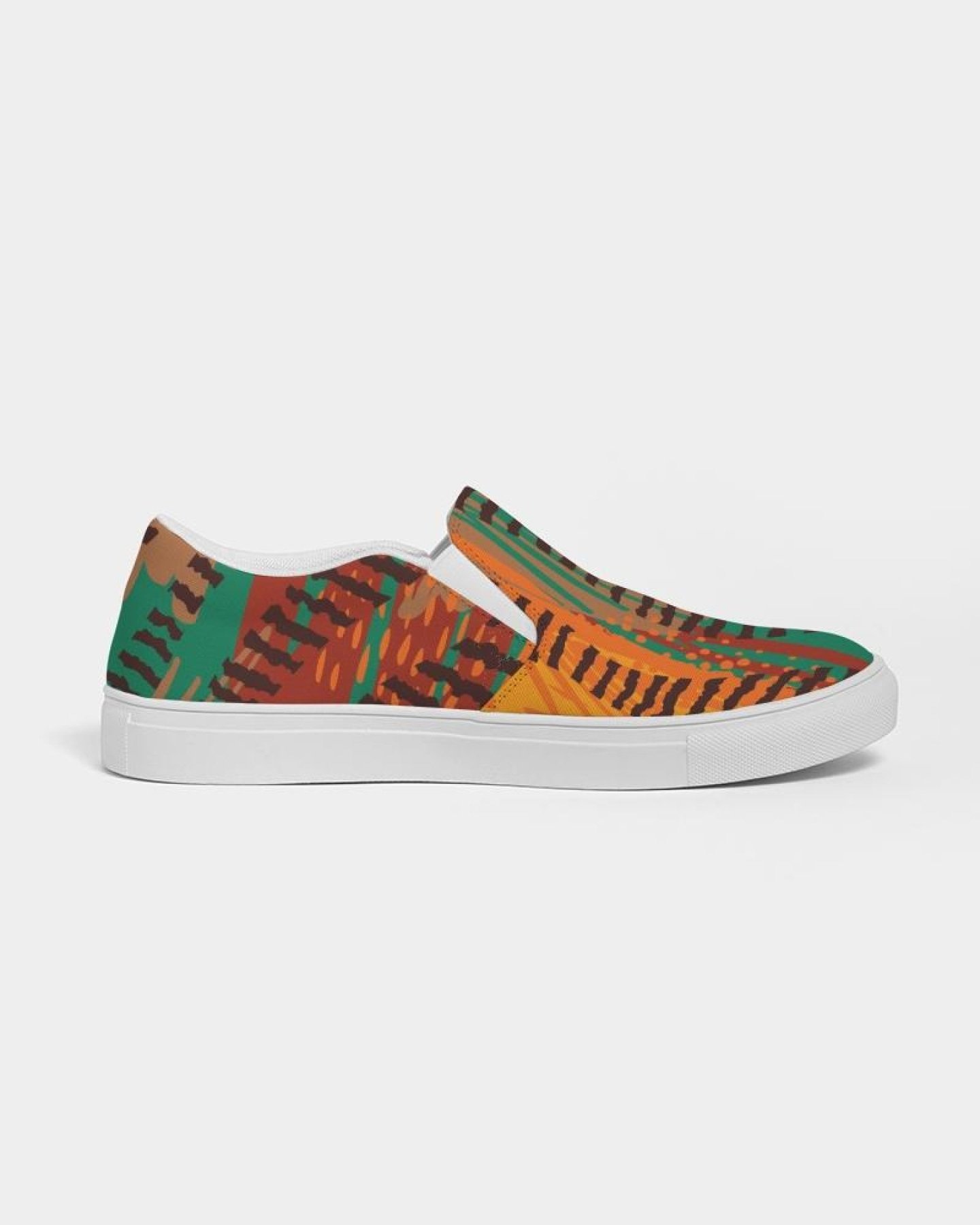 Women's canvas slip-on sneakers featuring a stylish brown and green print, designed for comfort and versatility.