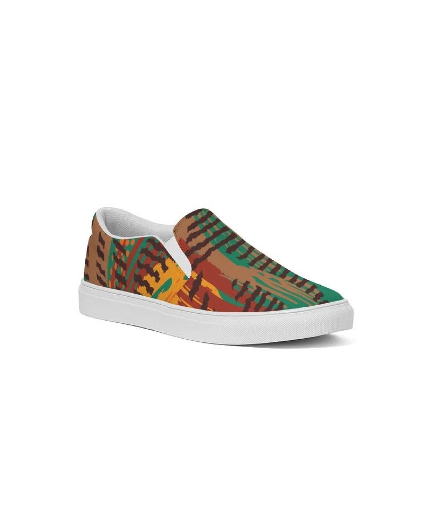 Women's canvas slip-on sneakers featuring a stylish brown and green print, designed for comfort and versatility.