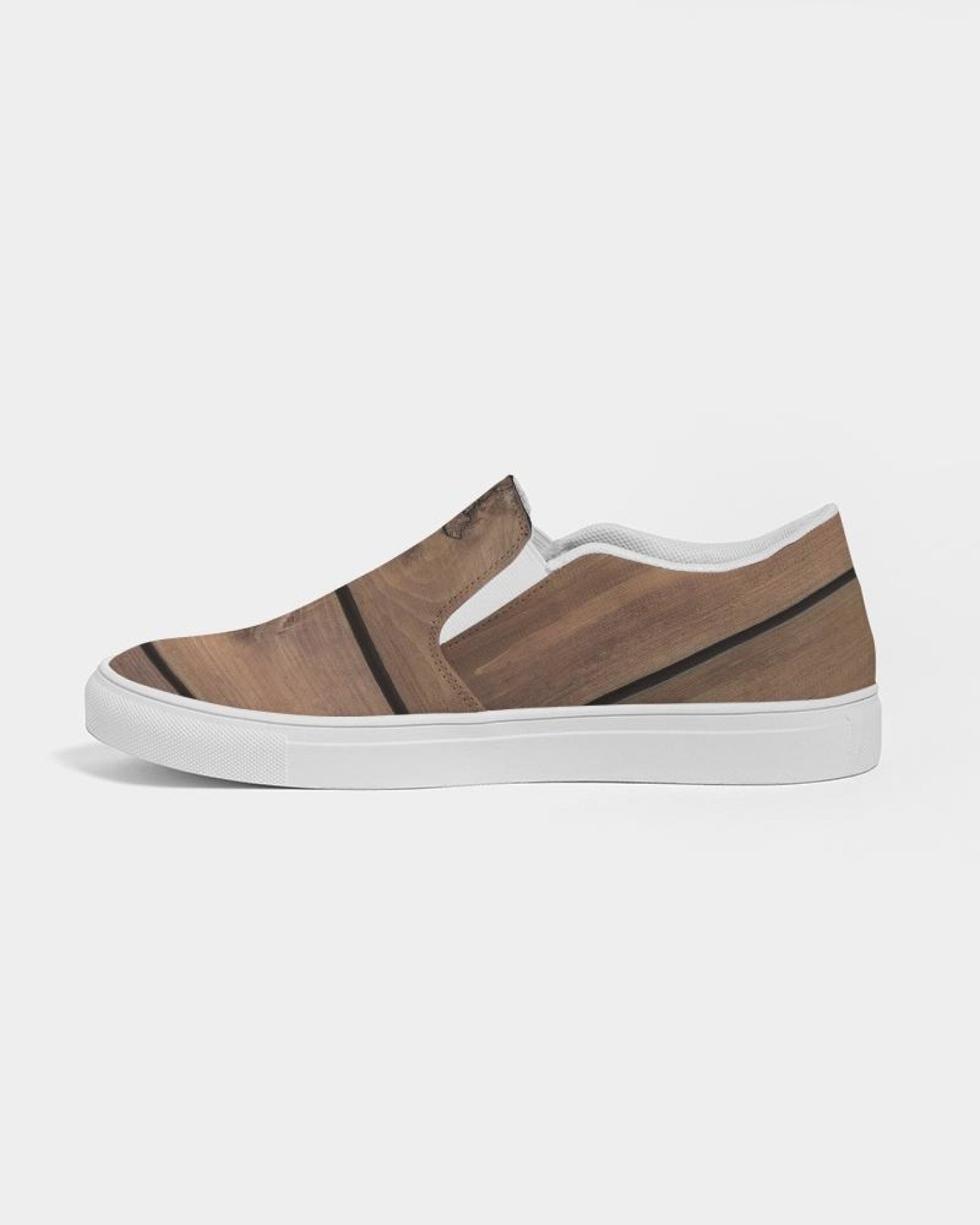 Women's canvas slip-on sneakers with a brown wood plank print, featuring elastic side accents and a padded collar.