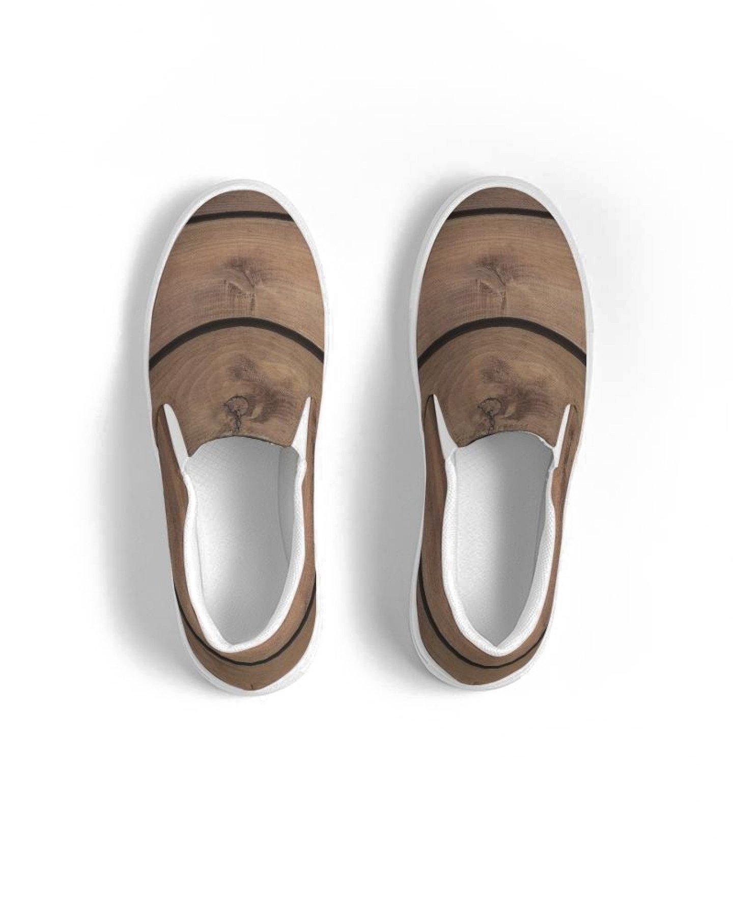 Women's canvas slip-on sneakers with a brown wood plank print, featuring elastic side accents and a padded collar.