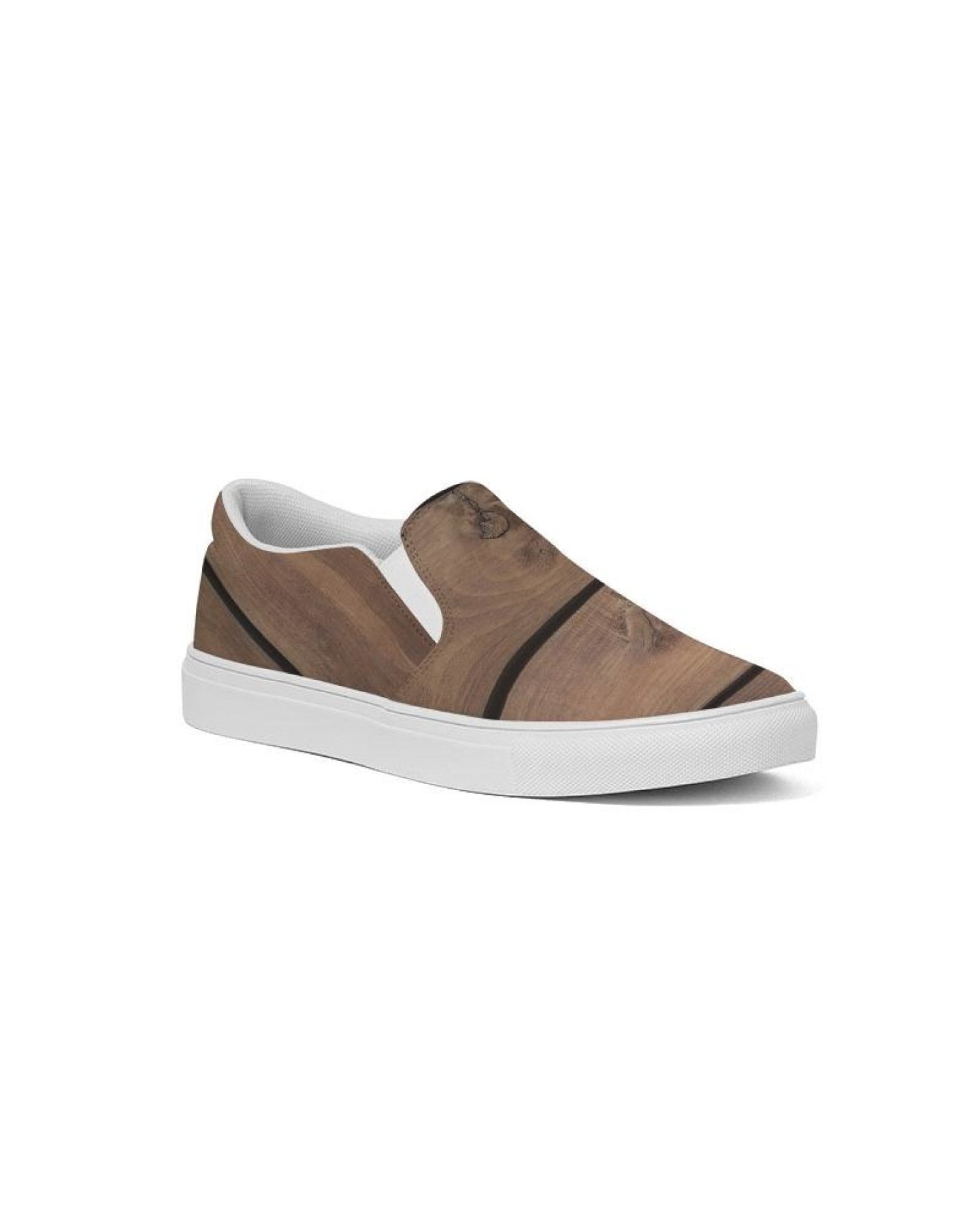 Women's canvas slip-on sneakers with a brown wood plank print, featuring elastic side accents and a padded collar.