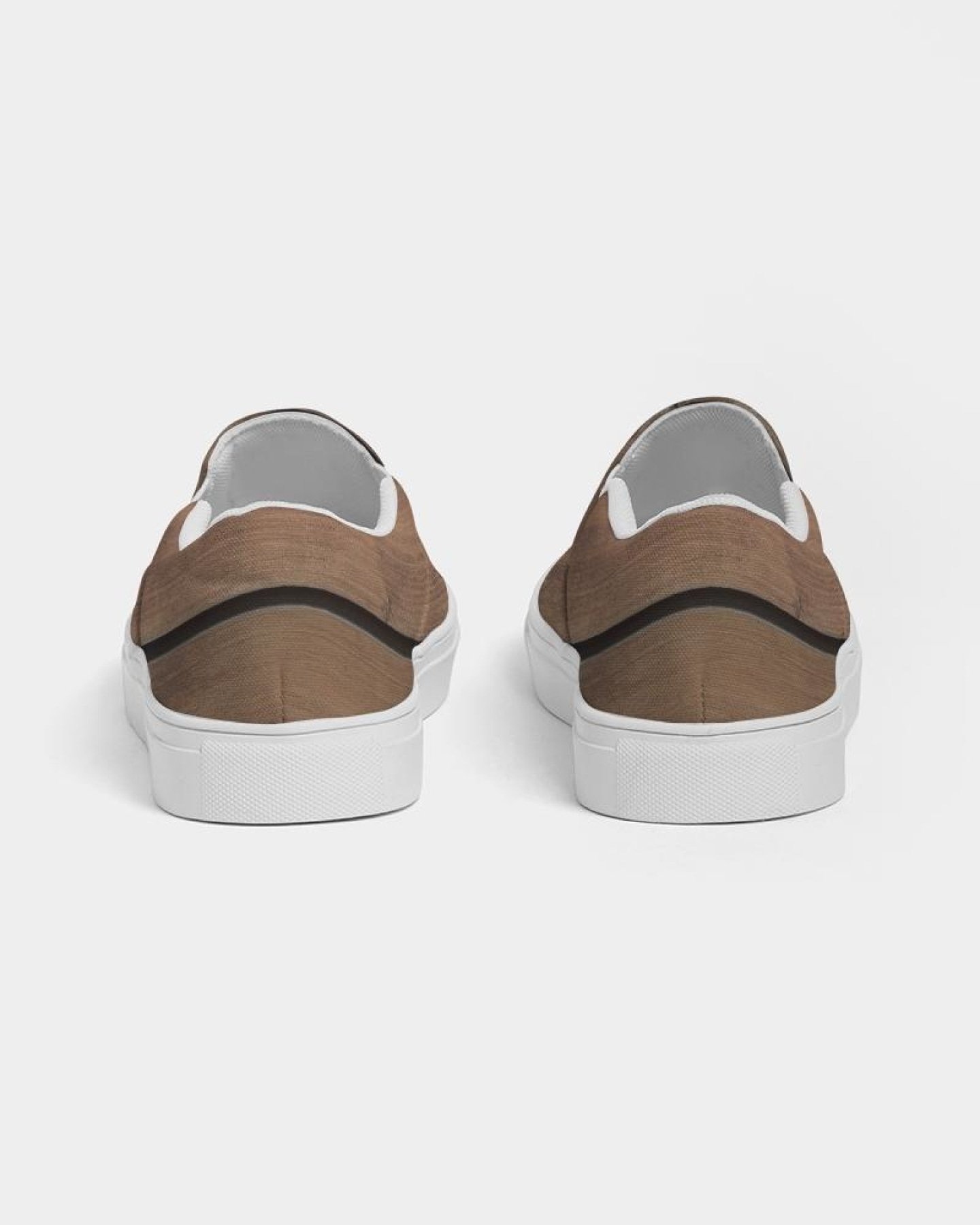 Women's canvas slip-on sneakers with a brown wood plank print, featuring elastic side accents and a padded collar.