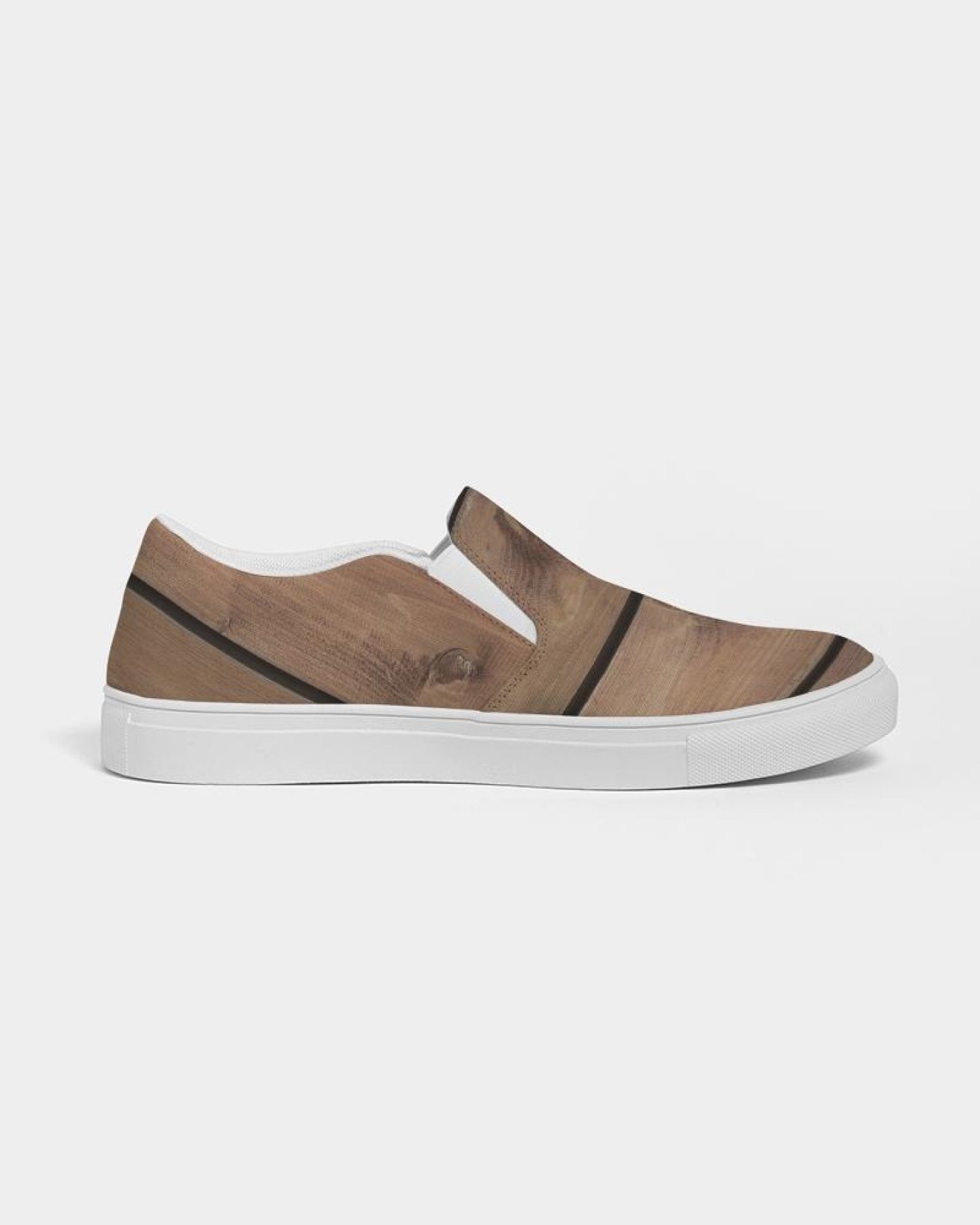 Women's canvas slip-on sneakers with a brown wood plank print, featuring elastic side accents and a padded collar.