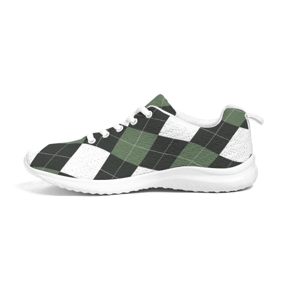 A pair of women's sneakers featuring a green and white plaid design, showcasing a lace-up front and padded collar for comfort.