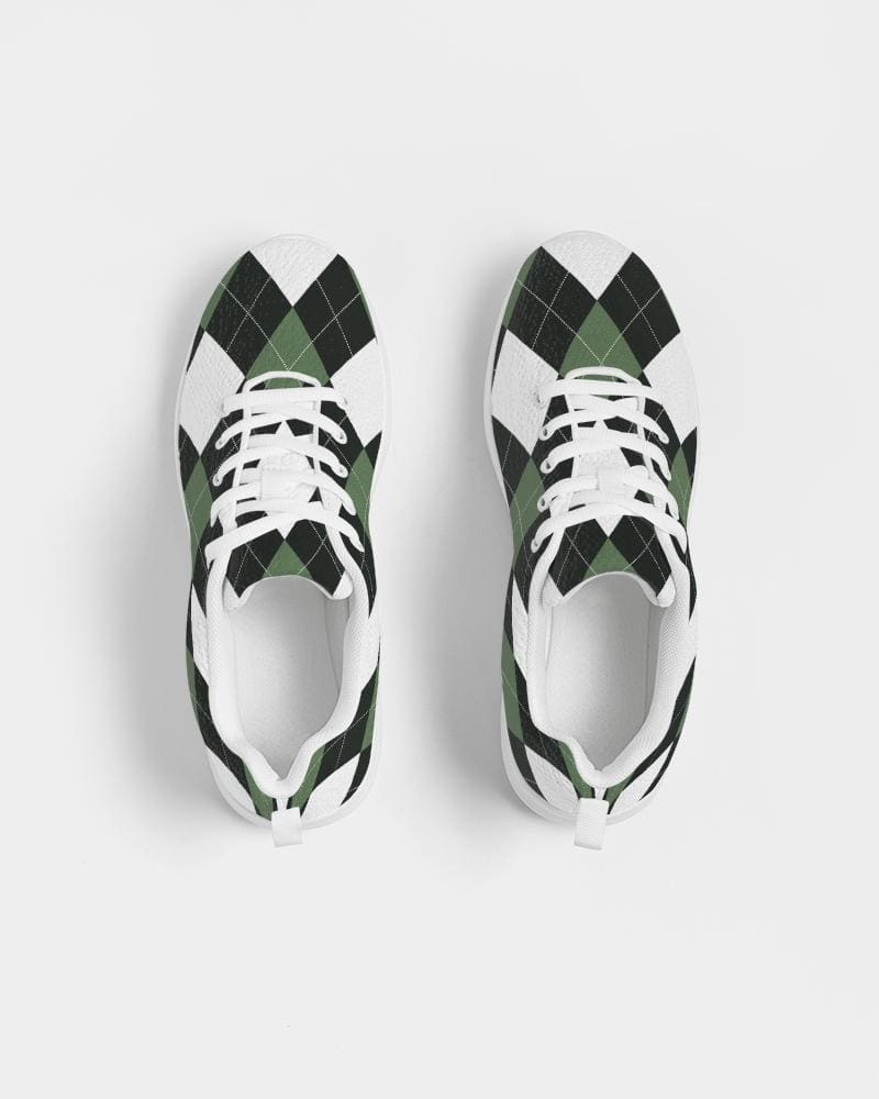 A pair of women's sneakers featuring a green and white plaid design, showcasing a lace-up front and padded collar for comfort.